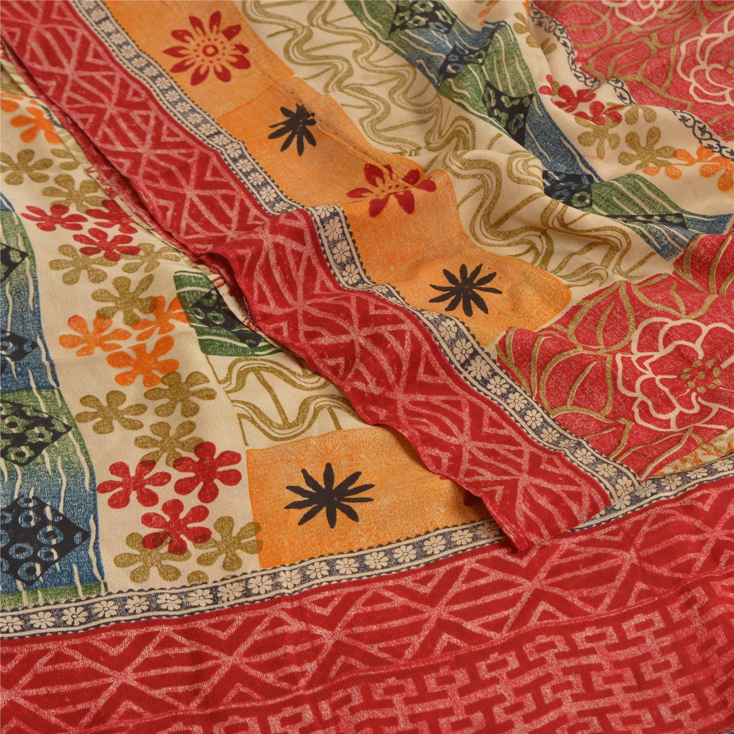 Sanskriti Vintage Sarees Indian Multi Pure Crepe Silk Printed Sari Craft Sustainable Fabric