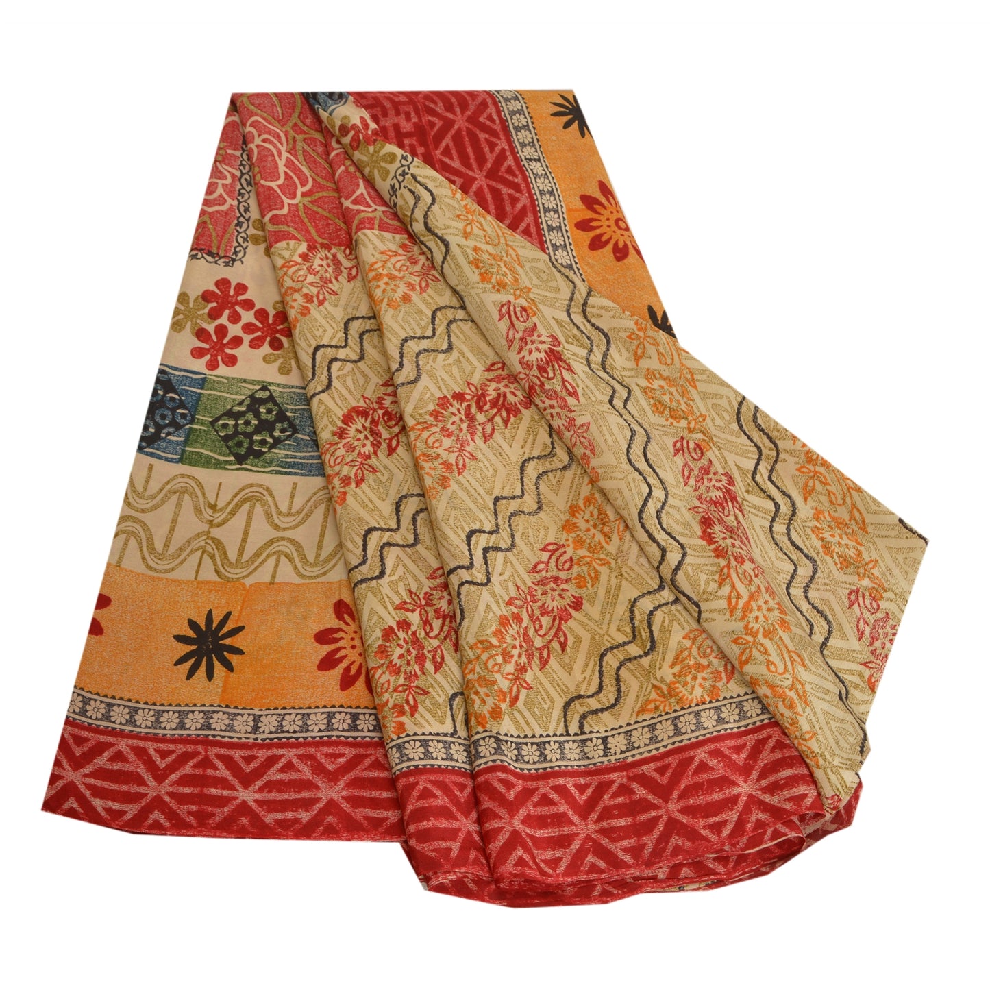 Sanskriti Vintage Sarees Indian Multi Pure Crepe Silk Printed Sari Craft Sustainable Fabric