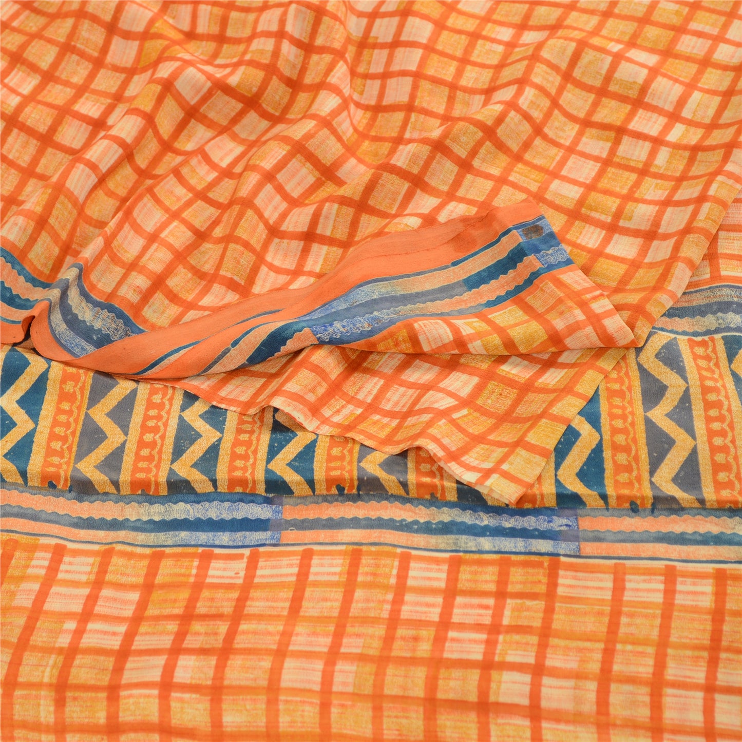 Sanskriti Vintage Sarees Indian Orange Pure Crepe Silk Printed Sari Craft Sustainable Fabric