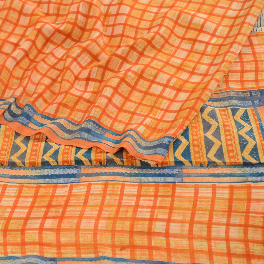 Sanskriti Vintage Sarees Indian Orange Pure Crepe Silk Printed Sari Craft Sustainable Fabric