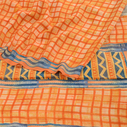 Sanskriti Vintage Sarees Indian Orange Pure Crepe Silk Printed Sari Craft Sustainable Fabric