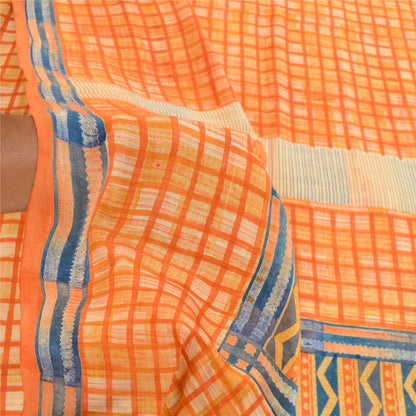 Sanskriti Vintage Sarees Indian Orange Pure Crepe Silk Printed Sari Craft Sustainable Fabric
