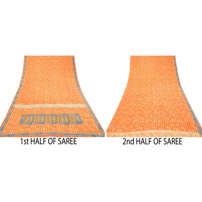 Sanskriti Vintage Sarees Indian Orange Pure Crepe Silk Printed Sari Craft Sustainable Fabric