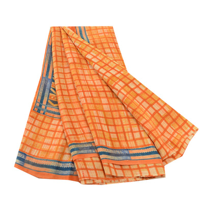 Sanskriti Vintage Sarees Indian Orange Pure Crepe Silk Printed Sari Craft Sustainable Fabric