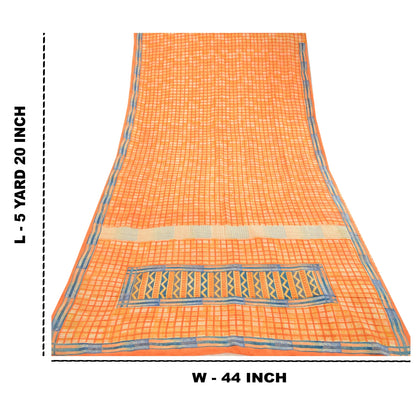 Sanskriti Vintage Sarees Indian Orange Pure Crepe Silk Printed Sari Craft Sustainable Fabric