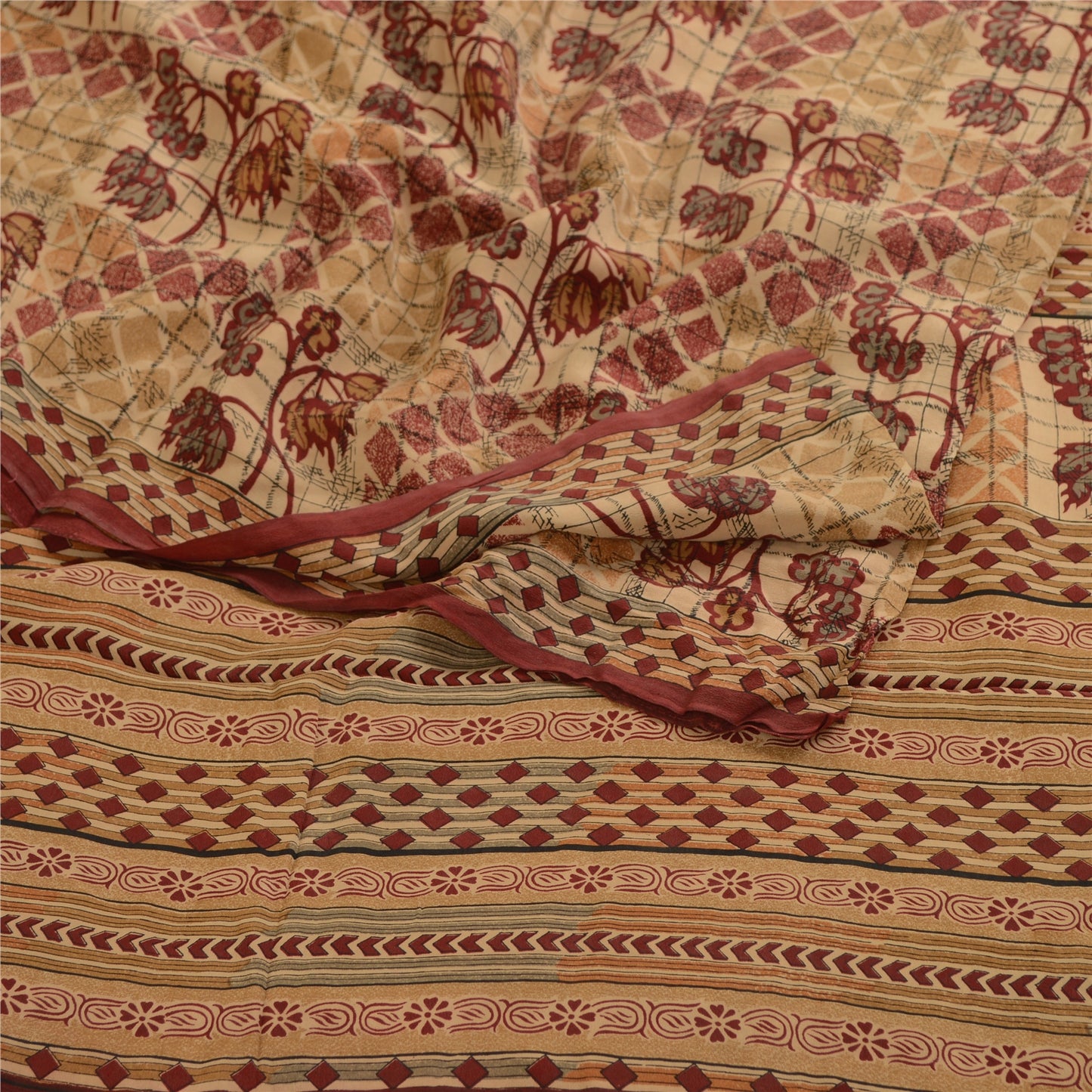 Sanskriti Vintage Sarees Red Indian Pure Crepe Silk Printed Sari Craft Sustainable Fabric