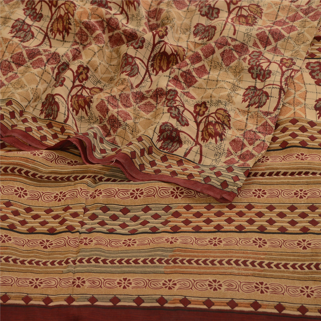 Sanskriti Vintage Sarees Red Indian Pure Crepe Silk Printed Sari Craft Sustainable Fabric