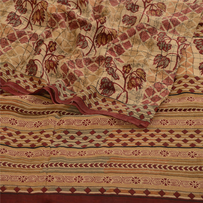 Sanskriti Vintage Sarees Red Indian Pure Crepe Silk Printed Sari Craft Sustainable Fabric