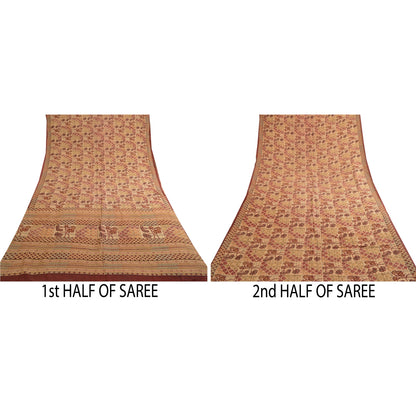 Sanskriti Vintage Sarees Red Indian Pure Crepe Silk Printed Sari Craft Sustainable Fabric