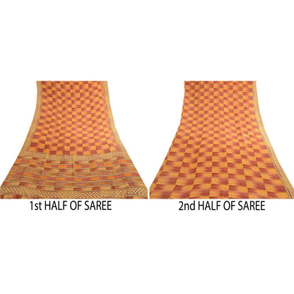 Sanskriti Vintage Sarees Indian Red Pure Crepe Silk Printed Sari Craft Sustainable Fabric