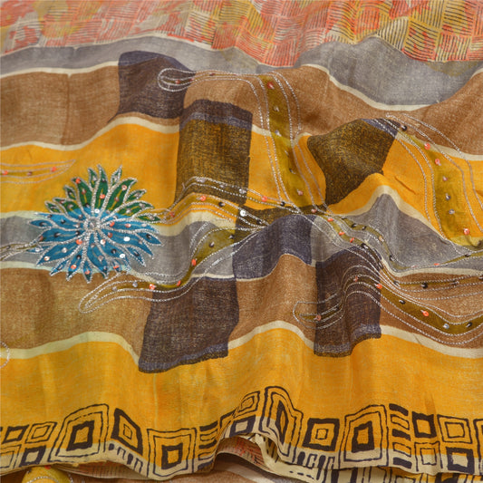 Sanskriti Vintage Sarees Hand Beaded Pure Crepe Silk Printed Sari Craft Sustainable Fabric
