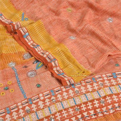 Sanskriti Vintage Sarees Peach Hand Beaded Pure Crepe Silk Sari 5yd Craft Sustainable Fabric