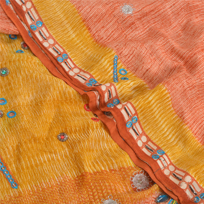 Sanskriti Vintage Sarees Peach Hand Beaded Pure Crepe Silk Sari 5yd Craft Sustainable Fabric