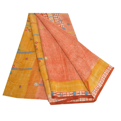 Sanskriti Vintage Sarees Peach Hand Beaded Pure Crepe Silk Sari 5yd Craft Sustainable Fabric