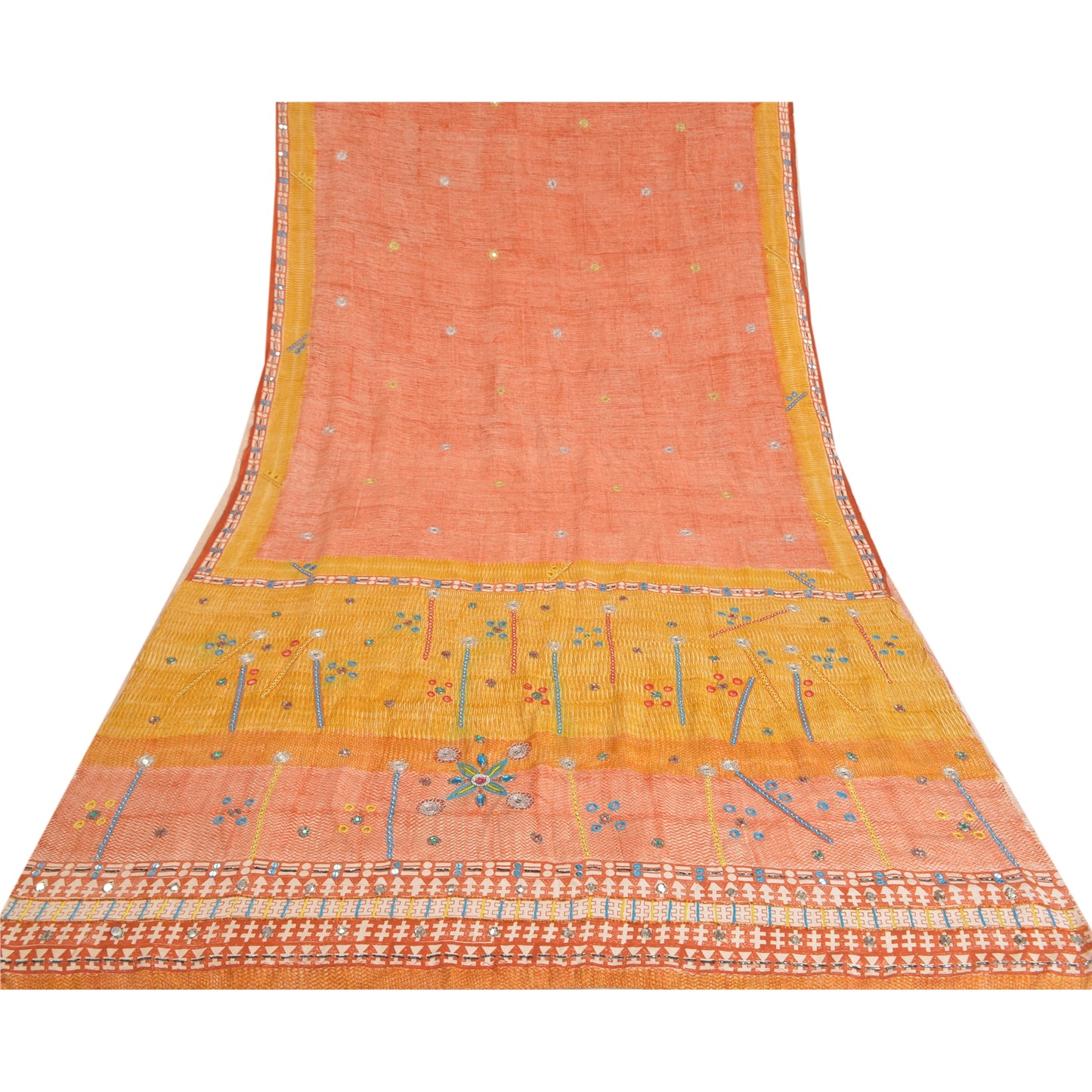 Sanskriti Vintage Sarees Peach Hand Beaded Pure Crepe Silk Sari 5yd Craft Sustainable Fabric