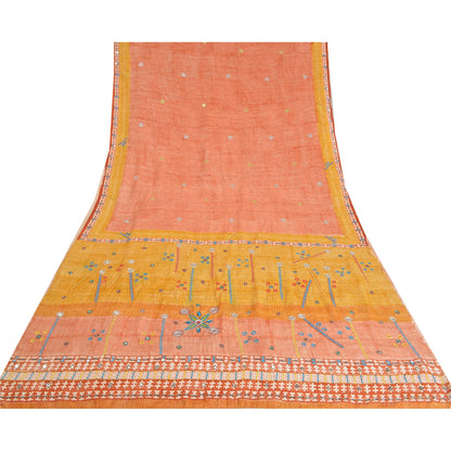 Sanskriti Vintage Sarees Peach Hand Beaded Pure Crepe Silk Sari 5yd Craft Sustainable Fabric