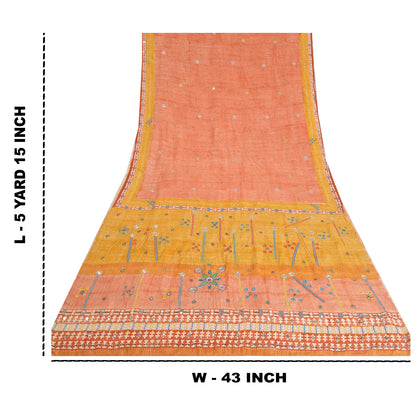 Sanskriti Vintage Sarees Peach Hand Beaded Pure Crepe Silk Sari 5yd Craft Sustainable Fabric