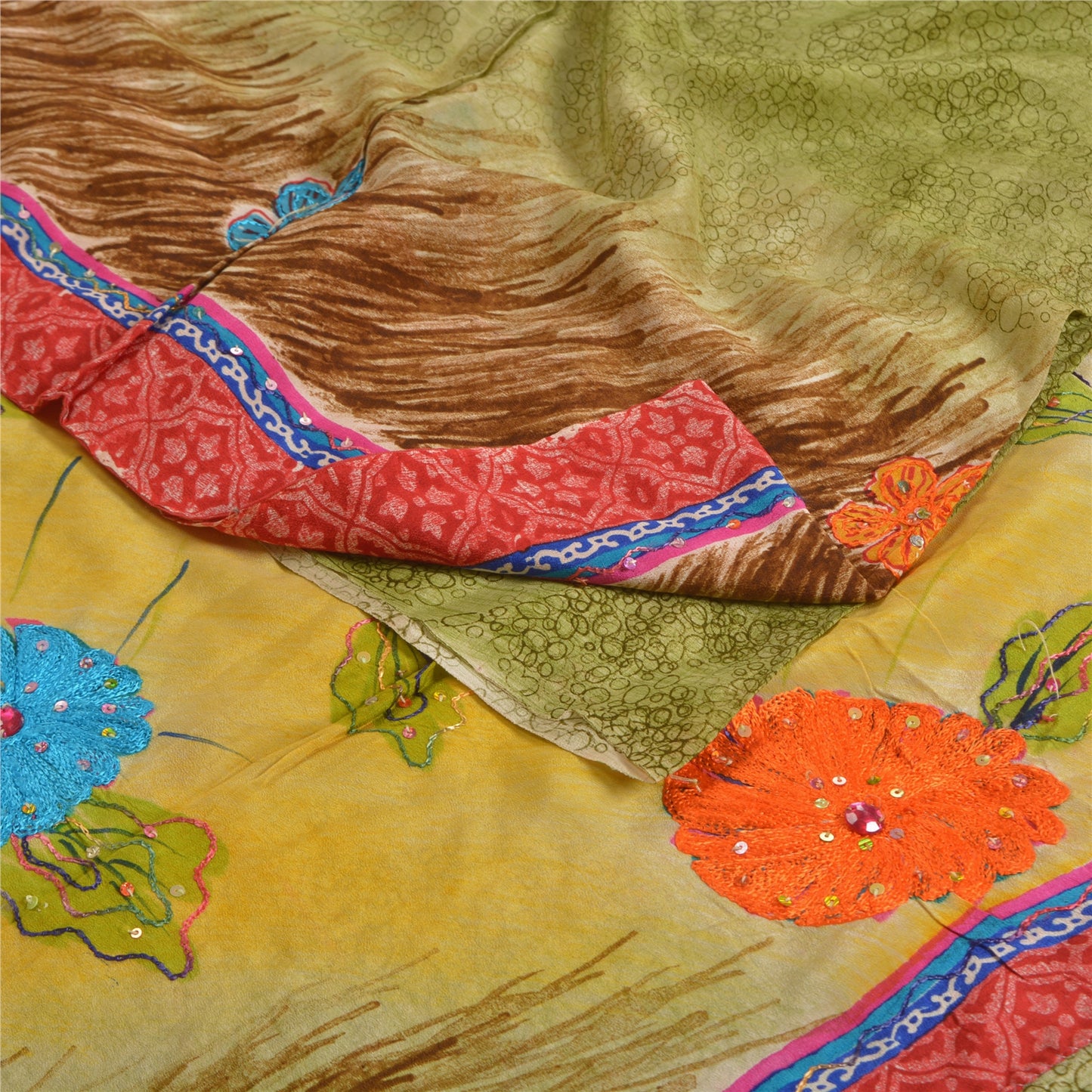 Сари в винтажном стиле на санскрите, зеленое с ручным принтом бисера, чистое креповое шелковое сари, ткань для рукоделия, устойчивая к истиранию