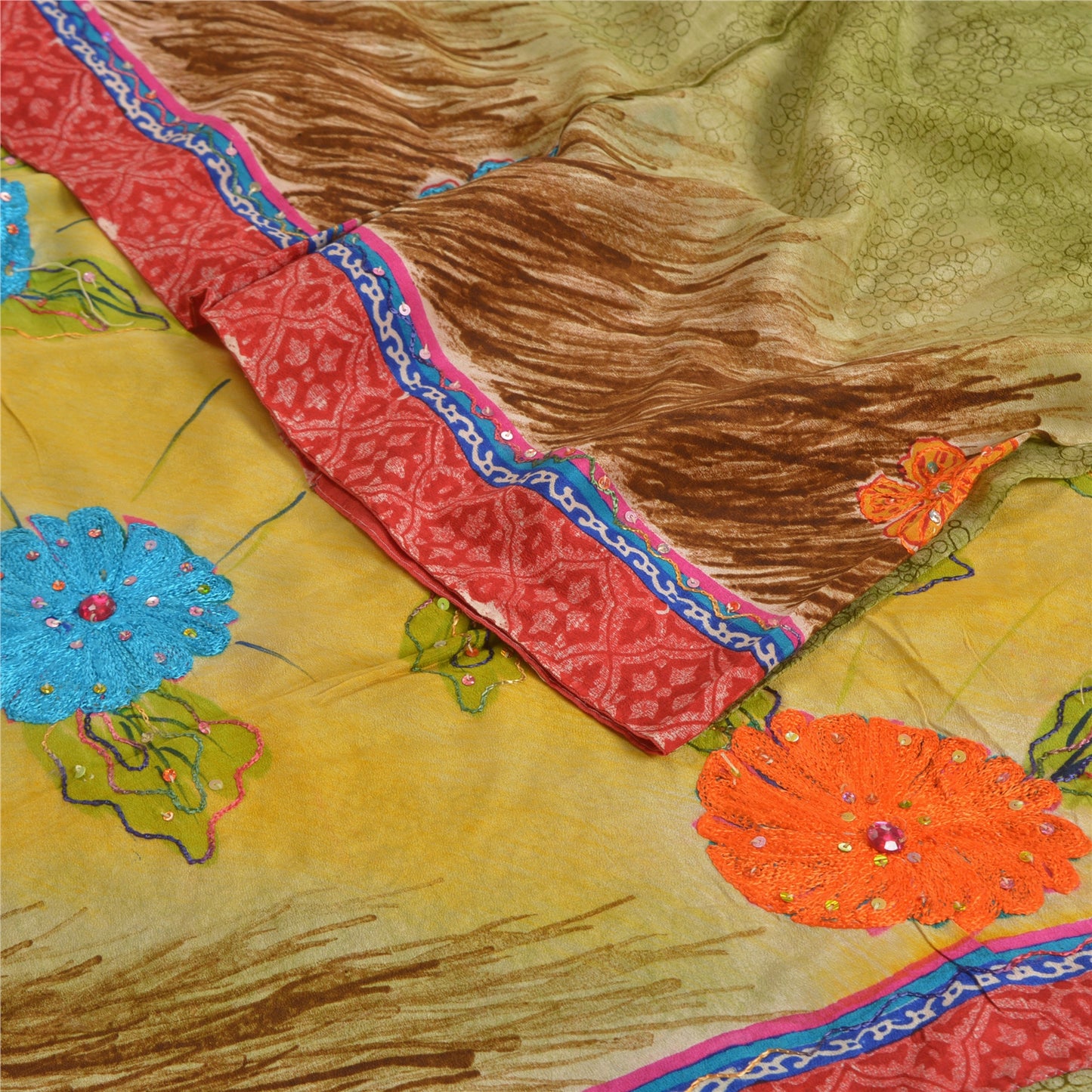 Сари в винтажном стиле на санскрите, зеленое с ручным принтом бисера, чистое креповое шелковое сари, ткань для рукоделия, устойчивая к истиранию