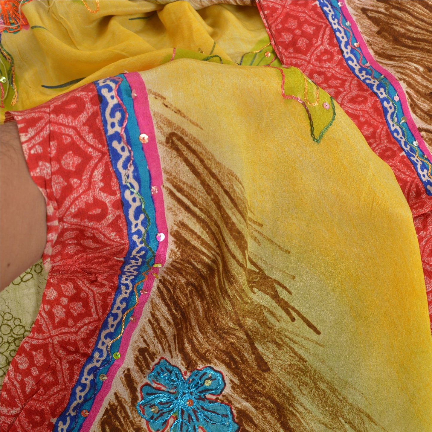 Сари в винтажном стиле на санскрите, зеленое с ручным принтом бисера, чистое креповое шелковое сари, ткань для рукоделия, устойчивая к истиранию