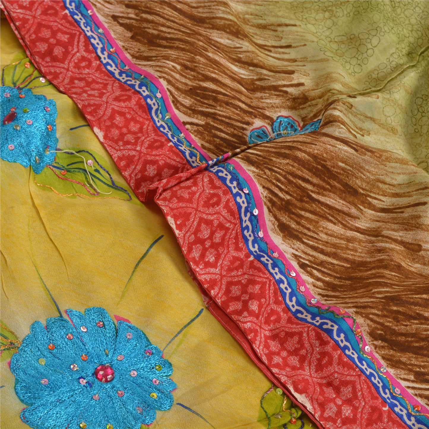 Сари в винтажном стиле на санскрите, зеленое с ручным принтом бисера, чистое креповое шелковое сари, ткань для рукоделия, устойчивая к истиранию