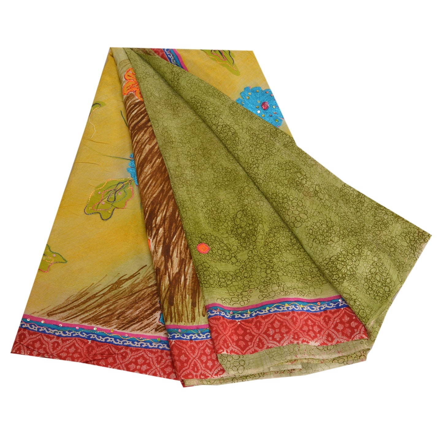 Сари в винтажном стиле на санскрите, зеленое с ручным принтом бисера, чистое креповое шелковое сари, ткань для рукоделия, устойчивая к истиранию