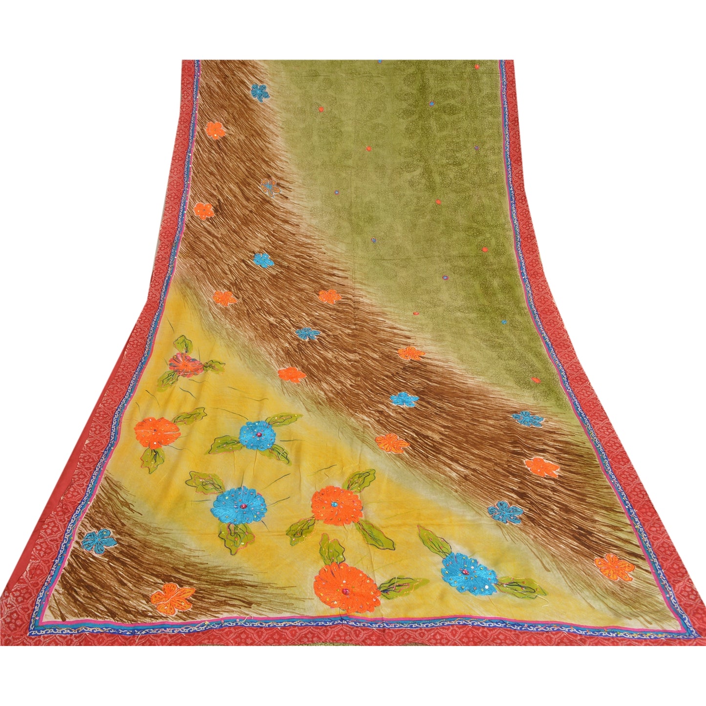 Сари в винтажном стиле на санскрите, зеленое с ручным принтом бисера, чистое креповое шелковое сари, ткань для рукоделия, устойчивая к истиранию