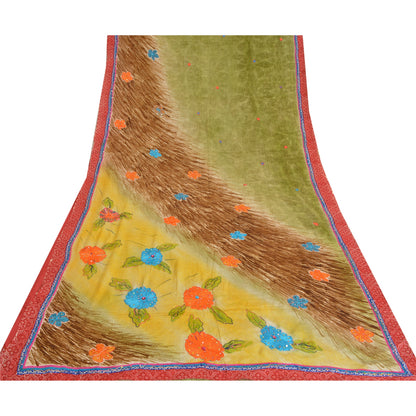 Сари в винтажном стиле на санскрите, зеленое с ручным принтом бисера, чистое креповое шелковое сари, ткань для рукоделия, устойчивая к истиранию