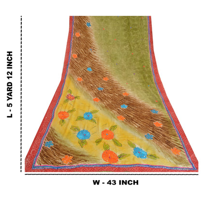 Сари в винтажном стиле на санскрите, зеленое с ручным принтом бисера, чистое креповое шелковое сари, ткань для рукоделия, устойчивая к истиранию