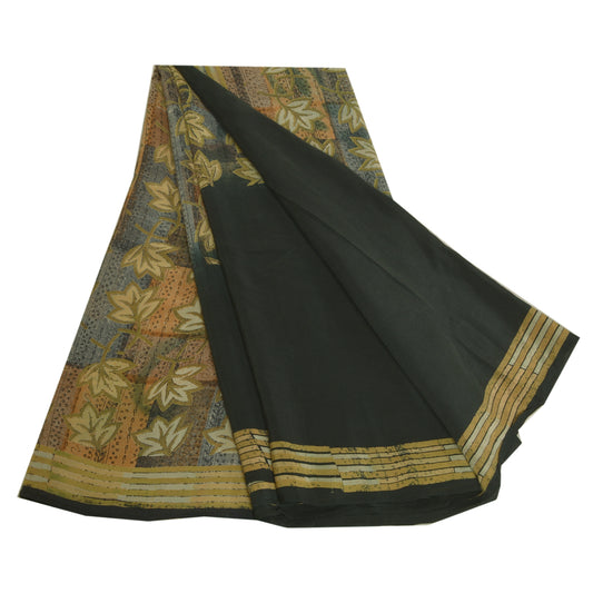 Sanskriti Vintage Saree Black 100% Pure Crepe Silk 5.5 Yard Saree Printed Sari Floral Craft Fabric Boho Quilting Material For DIY Project
