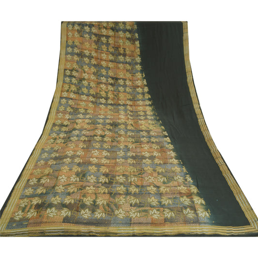 Sanskriti Vintage Sarees Black Pure Crepe Silk Printed Sari Floral Craft Sustainable Fabric