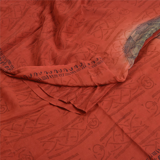 Sanskriti Vintage Sarees Rusty Orange Pure Crepe Silk Printed Sari Craft Sustainable Fabric