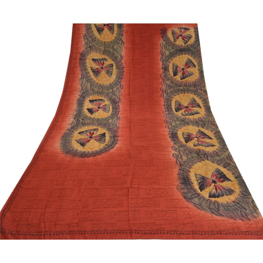 Sanskriti Vintage Sarees Rusty Orange Pure Crepe Silk Printed Sari Craft Sustainable Fabric