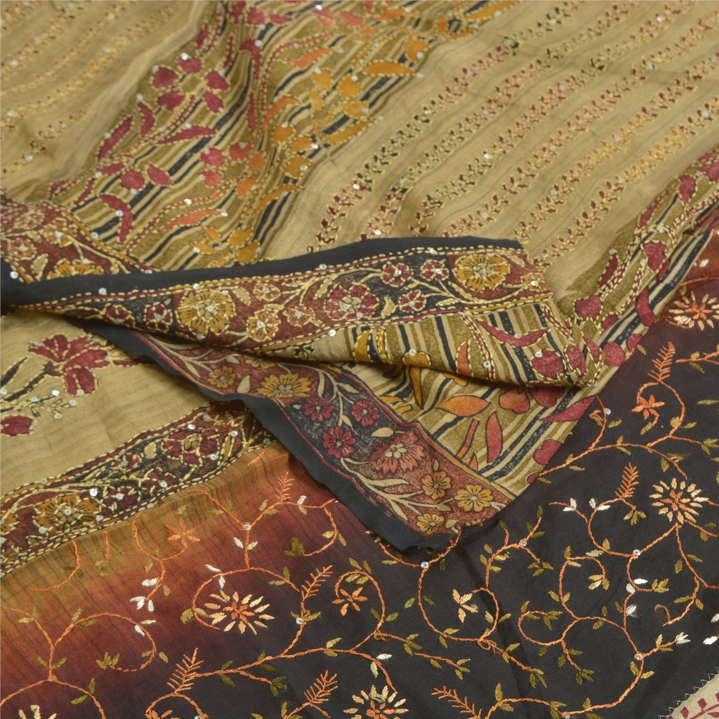 Sanskriti Vintage Sarees Hand Beaded Kantha Pure Crepe Silk Sari Printed Sustainable Fabric