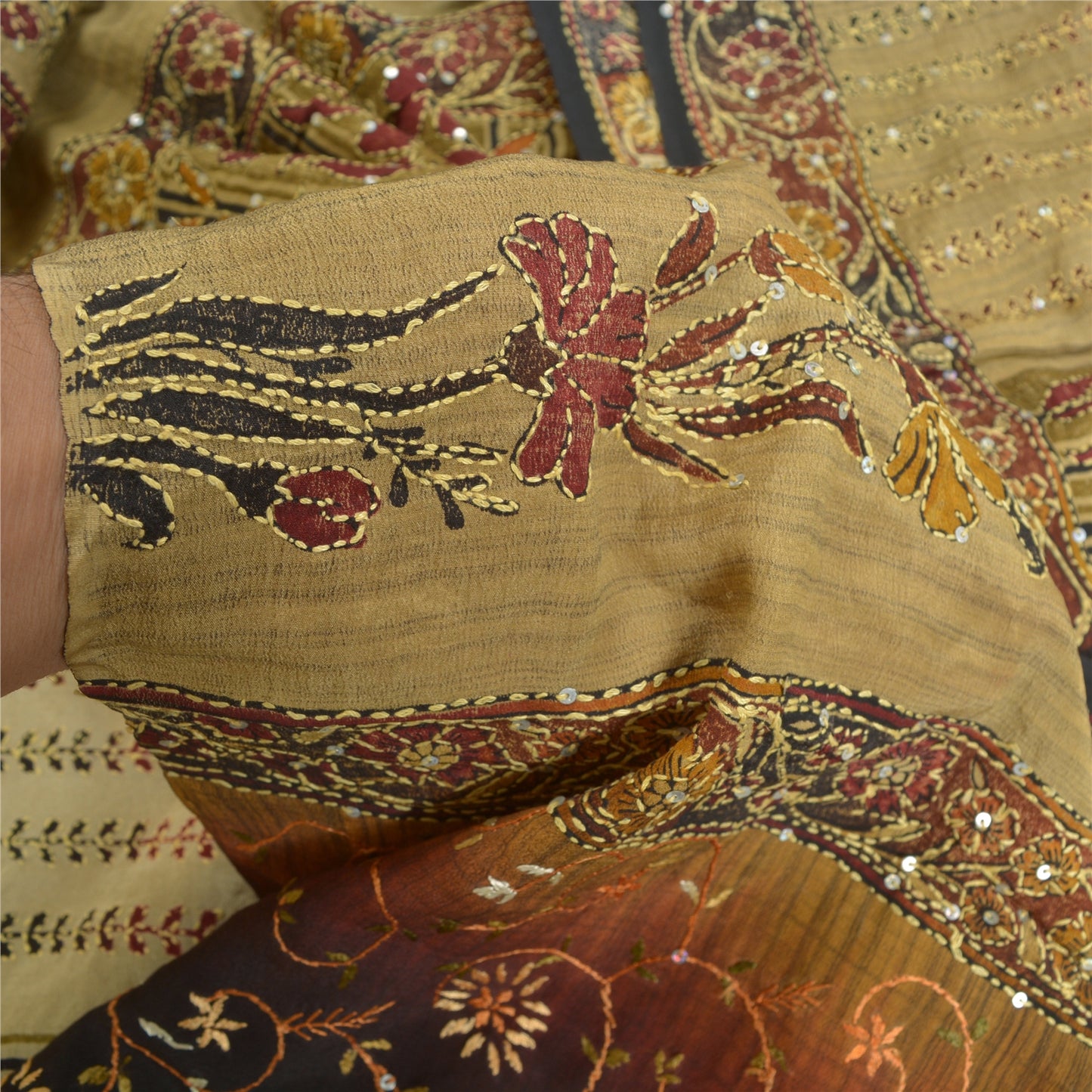 Sanskriti Vintage Sarees Hand Beaded Kantha Pure Crepe Silk Sari Printed Sustainable Fabric