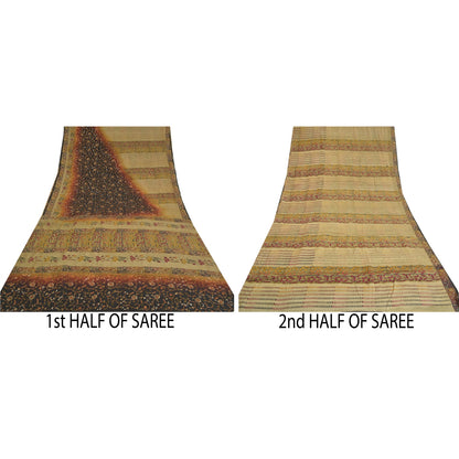 Sanskriti Vintage Sarees Hand Beaded Kantha Pure Crepe Silk Sari Printed Sustainable Fabric