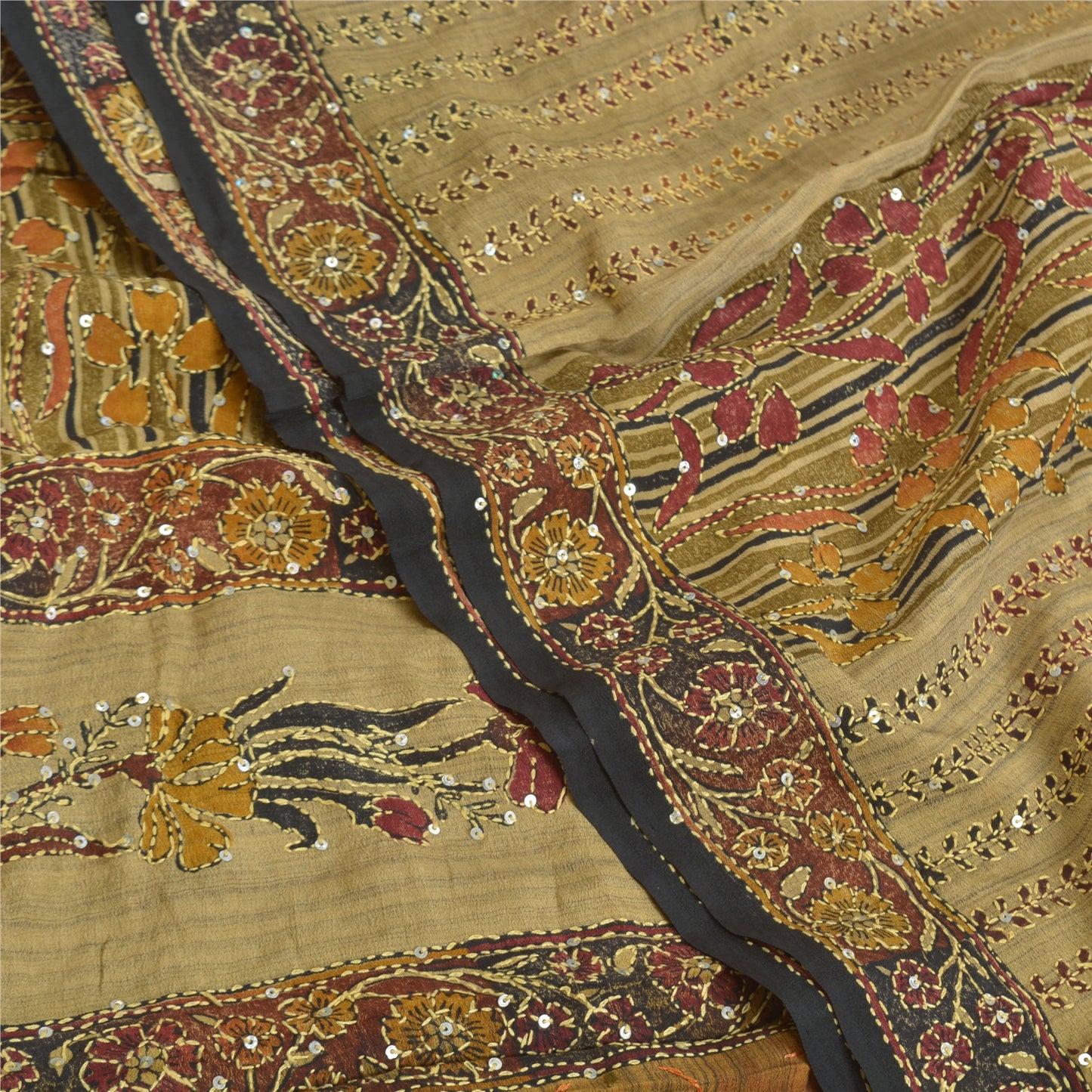Sanskriti Vintage Sarees Hand Beaded Kantha Pure Crepe Silk Sari Printed Sustainable Fabric