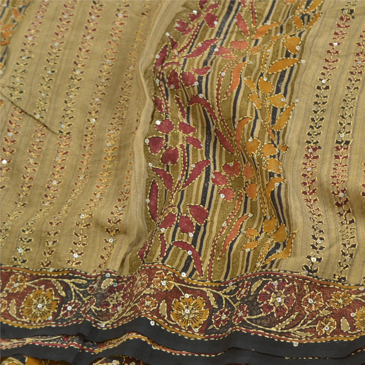 Sanskriti Vintage Sarees Hand Beaded Kantha Pure Crepe Silk Sari Printed Sustainable Fabric