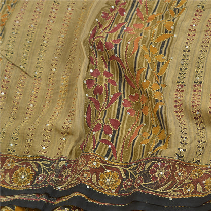 Sanskriti Vintage Sarees Hand Beaded Kantha Pure Crepe Silk Sari Printed Sustainable Fabric