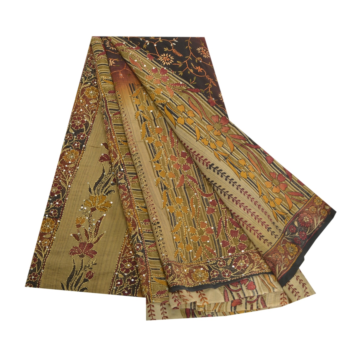 Sanskriti Vintage Sarees Hand Beaded Kantha Pure Crepe Silk Sari Printed Sustainable Fabric