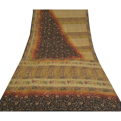 Sanskriti Vintage Sarees Hand Beaded Kantha Pure Crepe Silk Sari Printed Sustainable Fabric