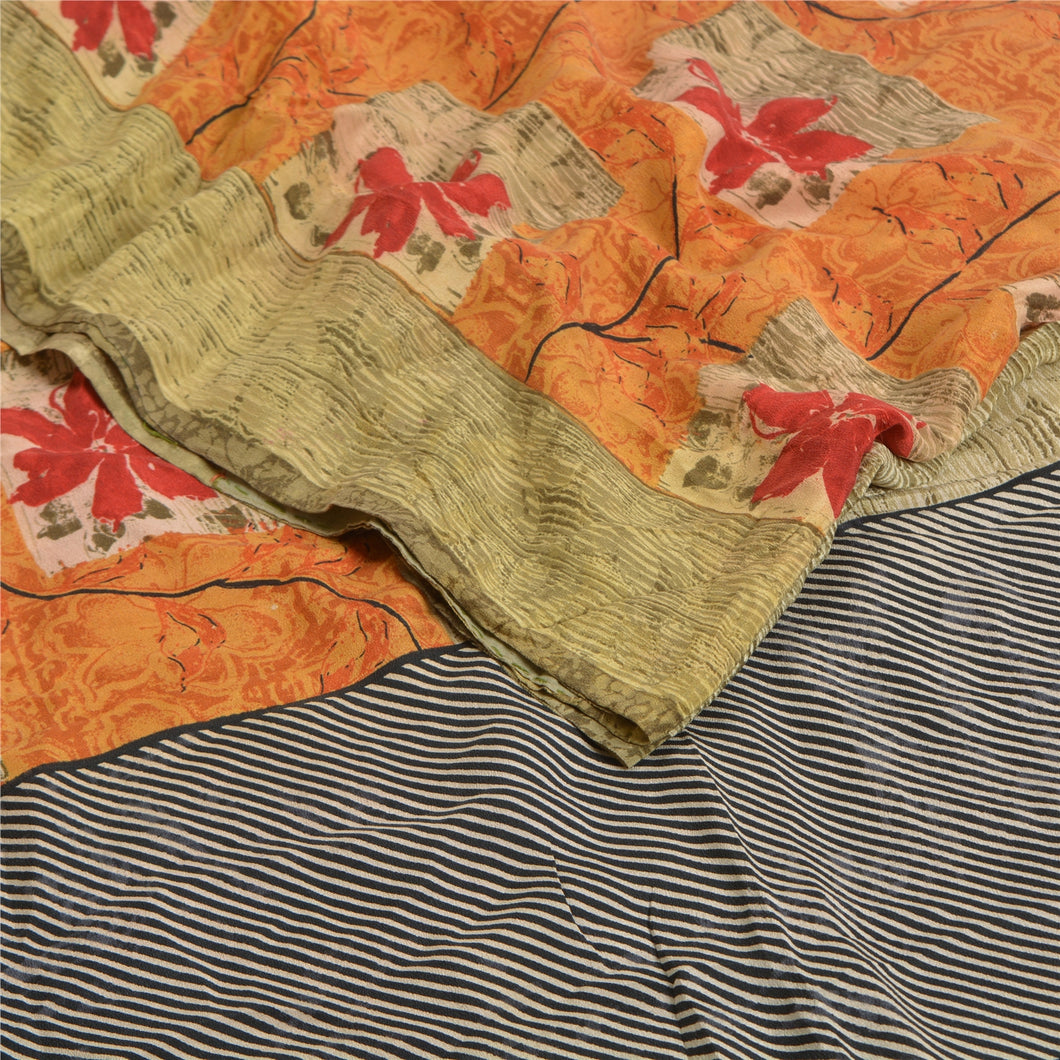 Sanskriti Vintage Sarees Pale Cream Pure Crepe Silk Printed Sari Craft Fabric