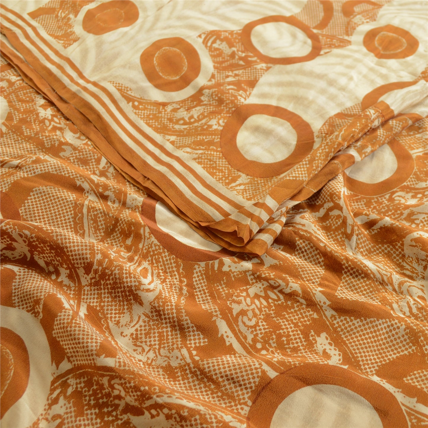 Sanskriti Vintage Sarees Ivory Indian Pure Crepe Silk Printed Sari Craft Sustainable Fabric