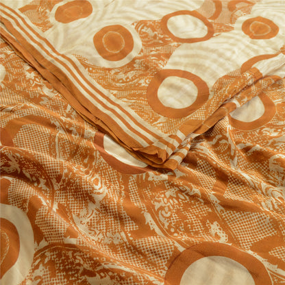 Sanskriti Vintage Sarees Ivory Indian Pure Crepe Silk Printed Sari Craft Sustainable Fabric