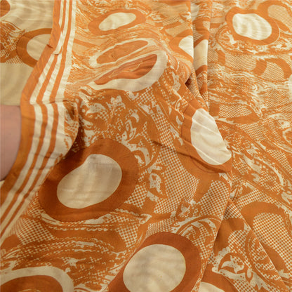 Sanskriti Vintage Sarees Ivory Indian Pure Crepe Silk Printed Sari Craft Sustainable Fabric