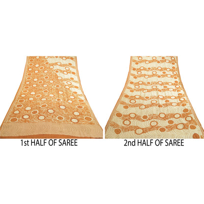 Sanskriti Vintage Sarees Ivory Indian Pure Crepe Silk Printed Sari Craft Sustainable Fabric