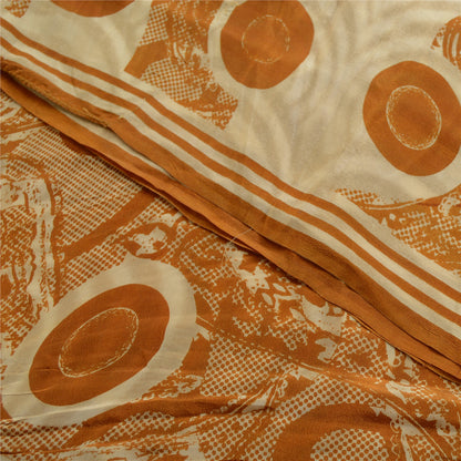 Sanskriti Vintage Sarees Ivory Indian Pure Crepe Silk Printed Sari Craft Sustainable Fabric