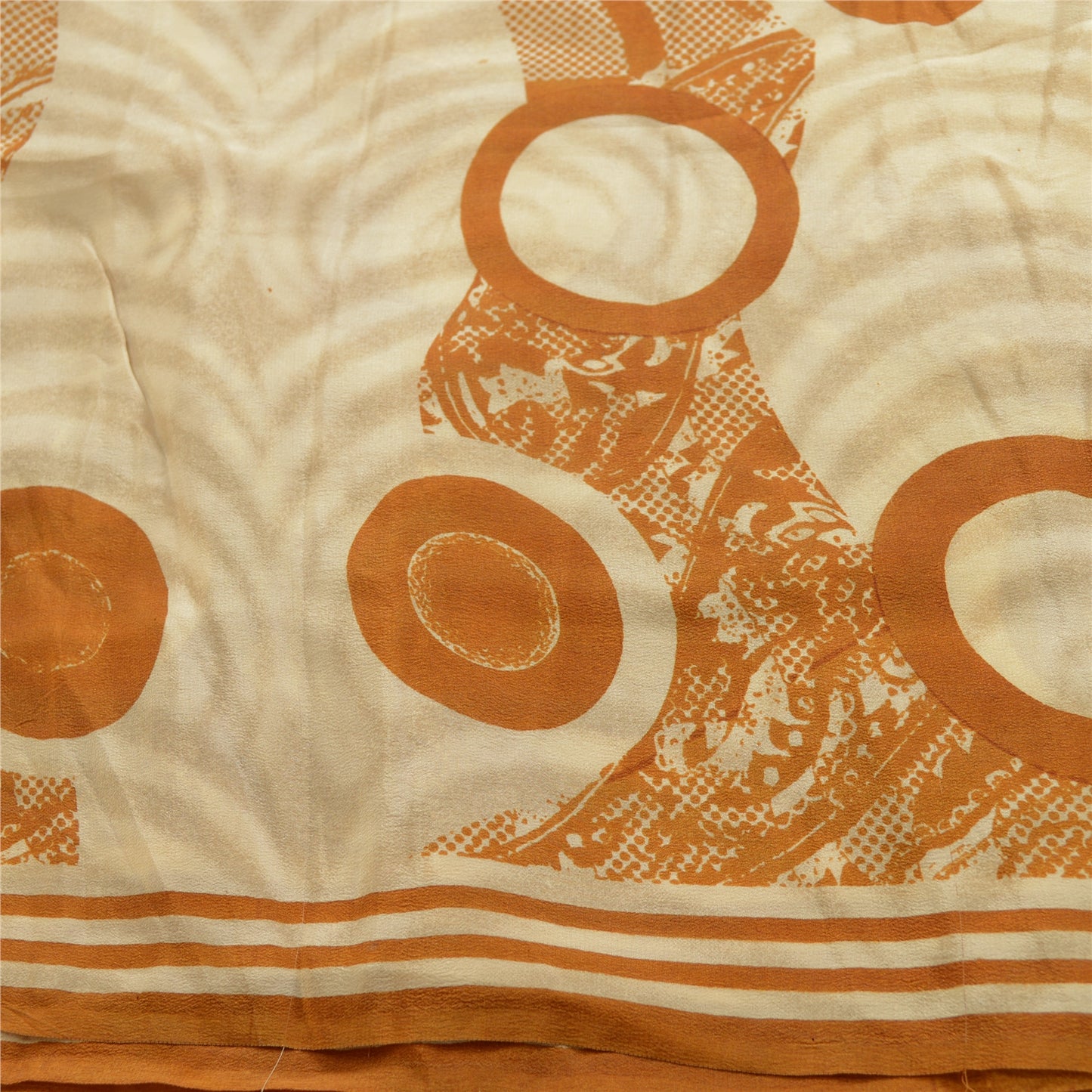 Sanskriti Vintage Sarees Ivory Indian Pure Crepe Silk Printed Sari Craft Sustainable Fabric