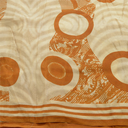Sanskriti Vintage Sarees Ivory Indian Pure Crepe Silk Printed Sari Craft Sustainable Fabric