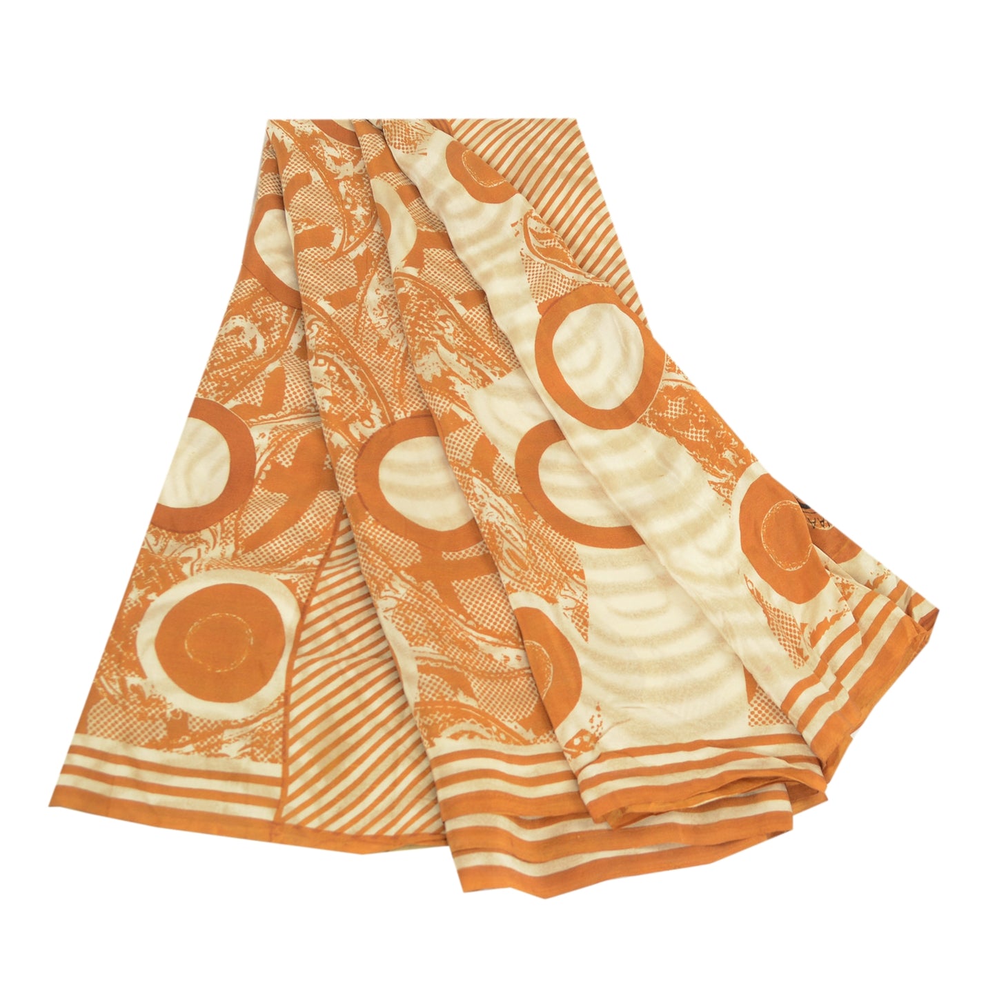 Sanskriti Vintage Sarees Ivory Indian Pure Crepe Silk Printed Sari Craft Sustainable Fabric